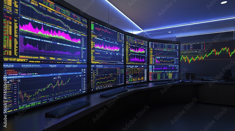 Poster modern trader workspace with vibrant stock charts and graphics