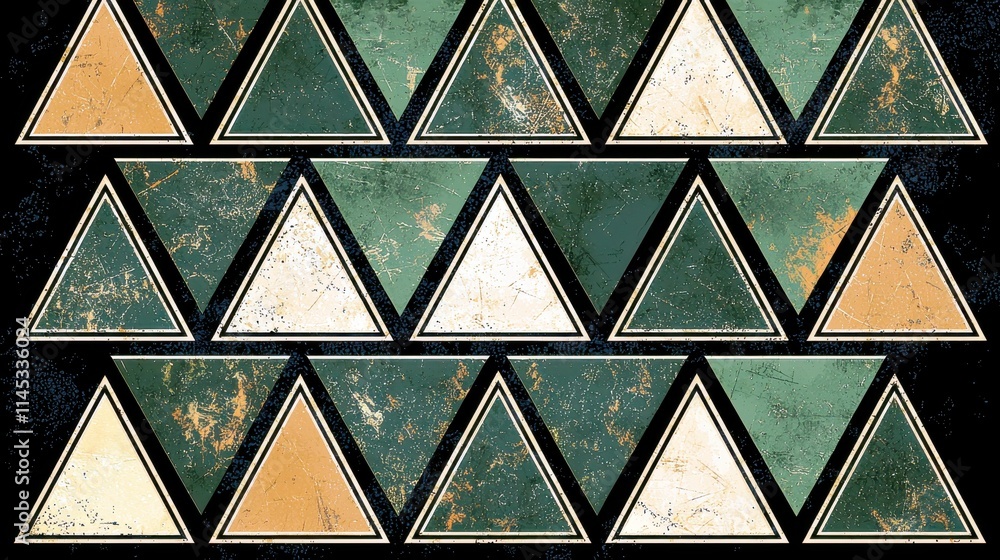 Poster textured geometric pattern with triangles in earthy tones and distressed background for modern desig