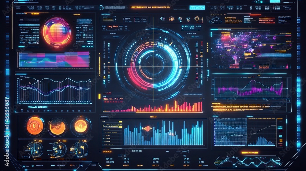 Poster futuristic financial dashboard with dynamic data visualizations
