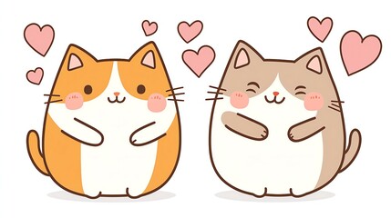 Fototapeta premium Two kawaii 2D cartoon vector cats holding paws, blushing cheeks, love hearts floating around, simple design, white background. 
