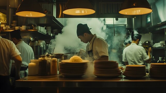 A bustling restaurant kitchen with steam rising from hot dishes, a stack of plates on the counter, and chefs in motion. The focus is centered around one plate filled with steaming rice, surrounded 