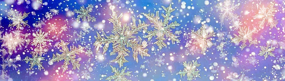 Poster beautiful close-up of colorful snowflakes falling in a winter wonderland with soft bokeh background 