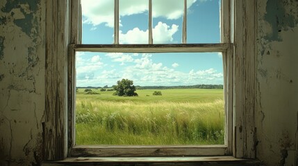 Rustic window view of a summer field.