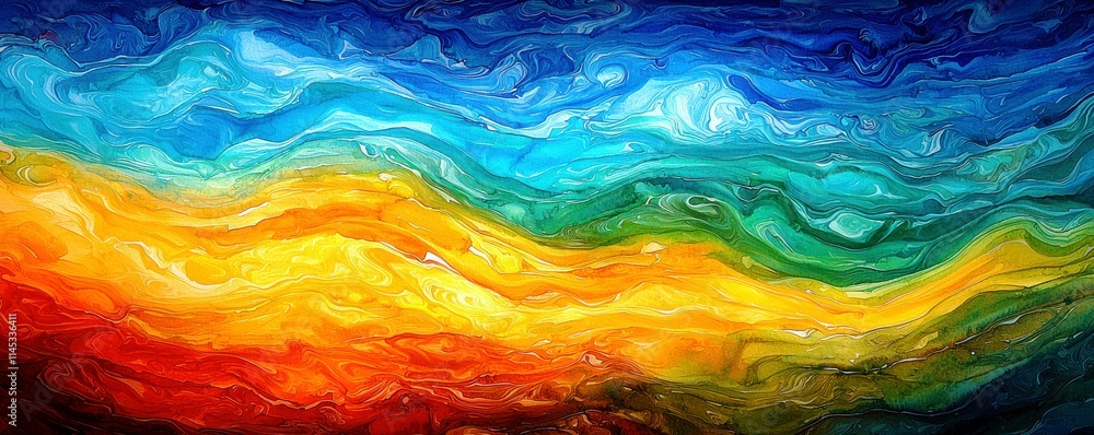 Poster vibrant abstract wave design featuring bright blue, green, yellow, and red fluid patterns in a swirl