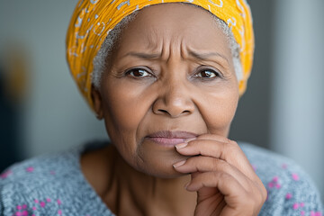 worried black woman wearing a yellow head wrap with her hand to her mouth with an expression of worry or concern