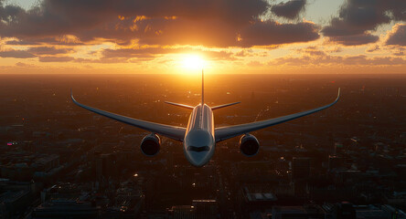 Airplane flying at sunset over city skyline