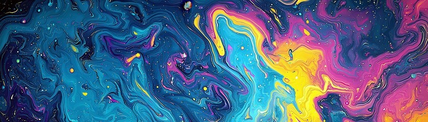 Vibrant Abstract Fluid Background with Swirling Colors of Blue, Pink, Yellow and Purple for Modern Art Designs and Creative Projects