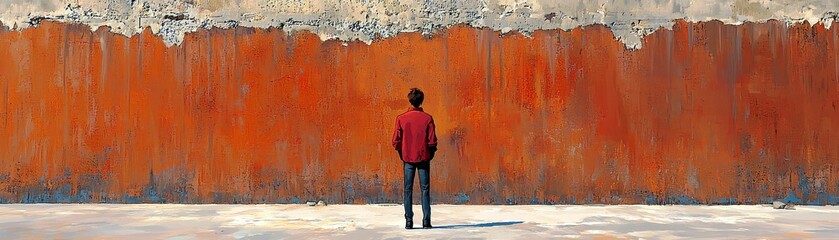 Obraz premium Contemplative figure gazing at an abstract weathered wall, reflecting solitude, introspection, and the pursuit of inspiration in a vivid urban landscape