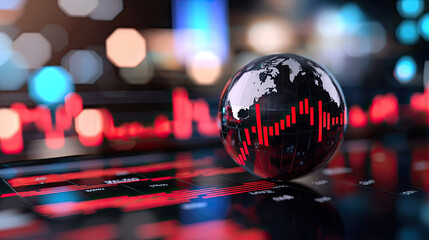 Globe with stock market data and red graph lines