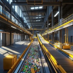 Modern Recycling Facility Interior with Conveyor Belt and Light
