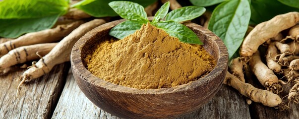 Fresh Herbal Ingredients and Natural Wholeroot Powders on Rustic Wooden Table with Green Leaves for Healthy Cooking and Nutritional Benefits