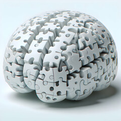 3D Holographic Puzzle Pieces Assembling Brain Concept on White Background