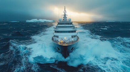 Luxury yacht sailing through stormy ocean with icebergs.