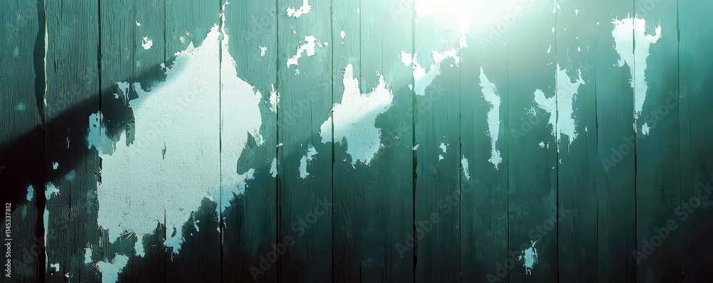 Poster abstract texture of peeling paint on a wooden surface with soft light illuminating the rustic design