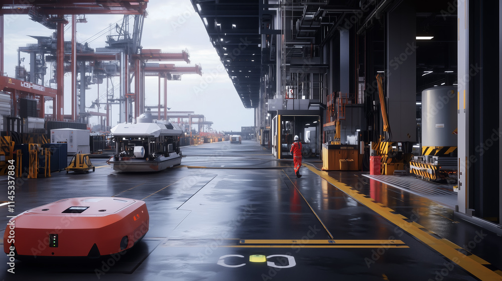 Poster efficient automation in a modern shipping yard during daylight with robots and workers engaged in lo