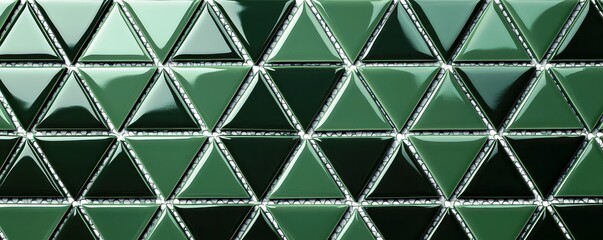 Abstract green geometric pattern with triangular shapes and glossy surface reflecting light in a modern artistic design suitable for creative projects.