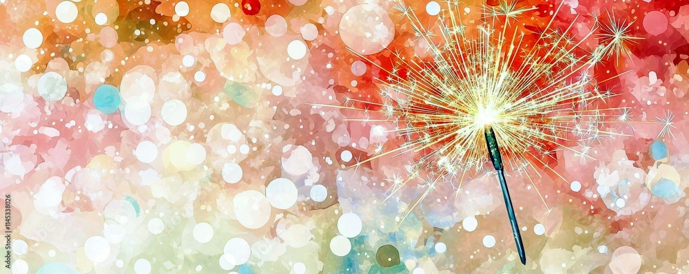 Poster colorful celebration with sparkler creating bright fireworks effect on soft bokeh background of red,