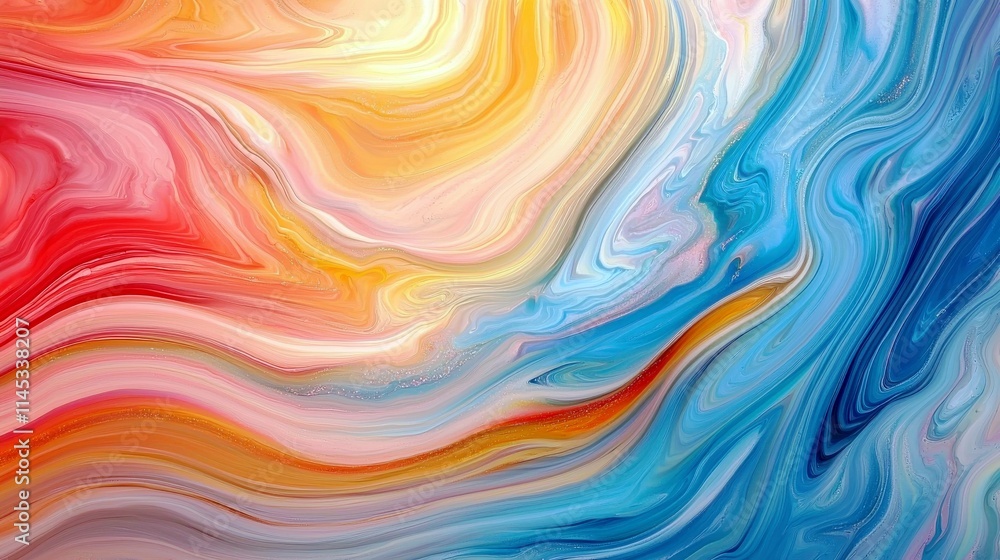 Poster vivid abstract background with fluid patterns in shades of red, orange, pink, and blue creating a co