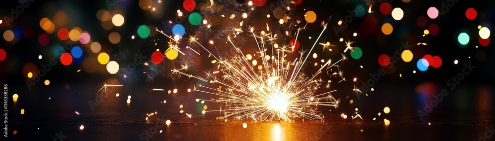 Poster bright sparkler against colorful bokeh background creating festive atmosphere for celebrations and s