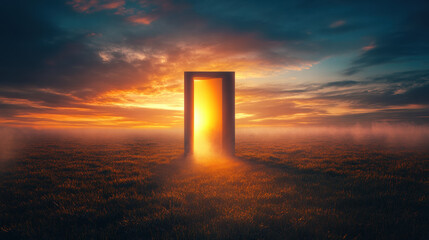 A bright door stands open in the middle of an empty field, with a sunrise and a foggy background