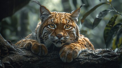 Obraz premium Majestic bobcat rests on a tree branch, its intense gaze captivating. The rich, earthy tones of its fur contrast beautifully with the dark wood.