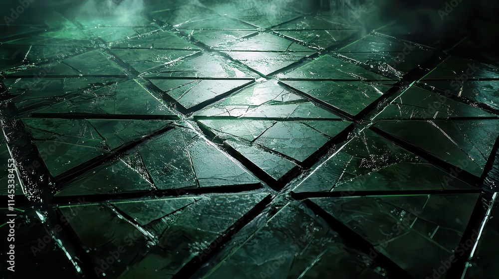 Poster abstract dark green textured background with triangular patterns and subtle mist creating a mysterio