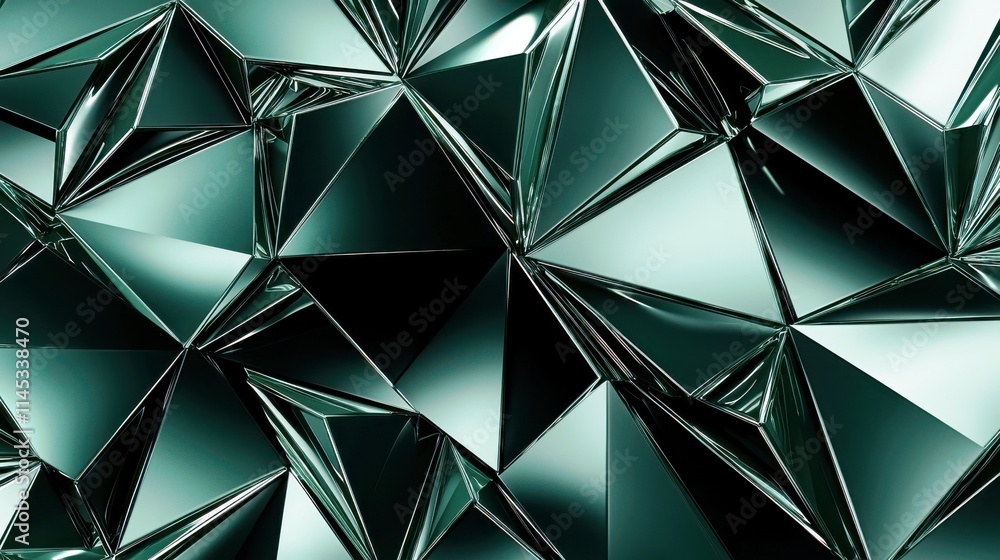 Poster abstract geometric pattern of sharp, reflective green crystals creating a dynamic three-dimensional 