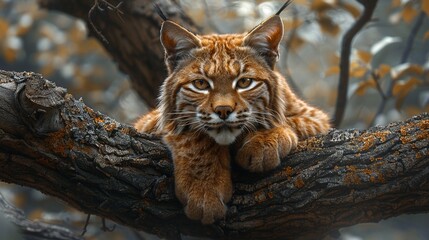 Obraz premium A majestic bobcat, its striking orange fur contrasting against the dark bark of a tree, rests peacefully in its woodland habitat.