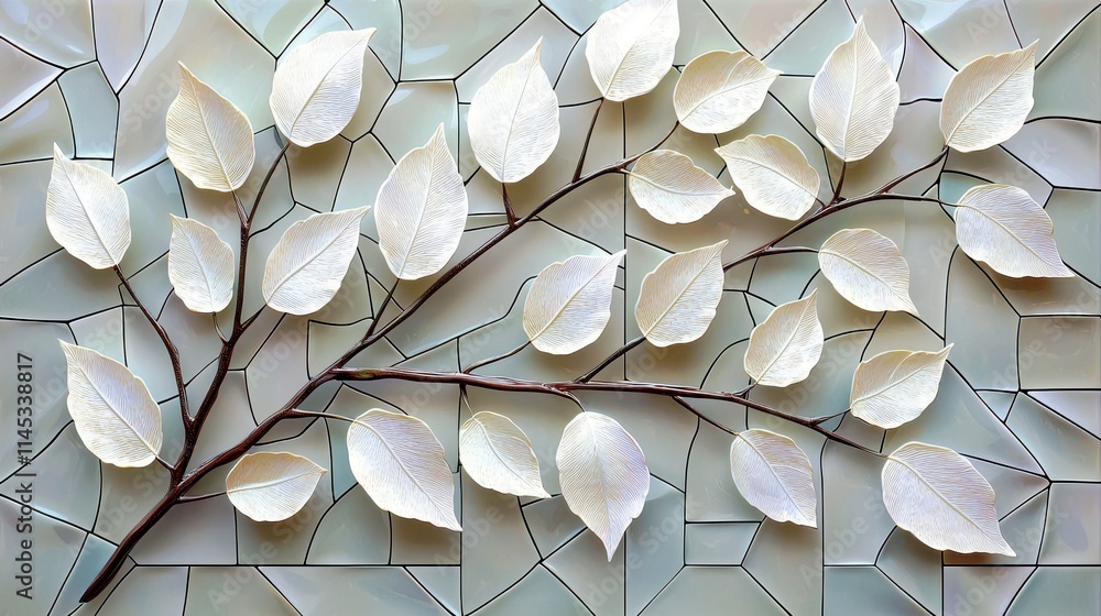 Poster delicate white leaves on a soft mosaic background creating an elegant natural composition for decora