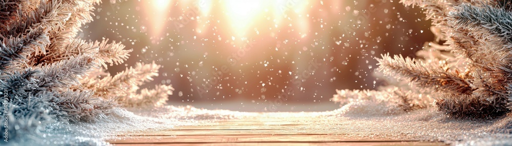 Poster magical winter landscape with snowfall and glowing light filtering through snow-covered trees creati
