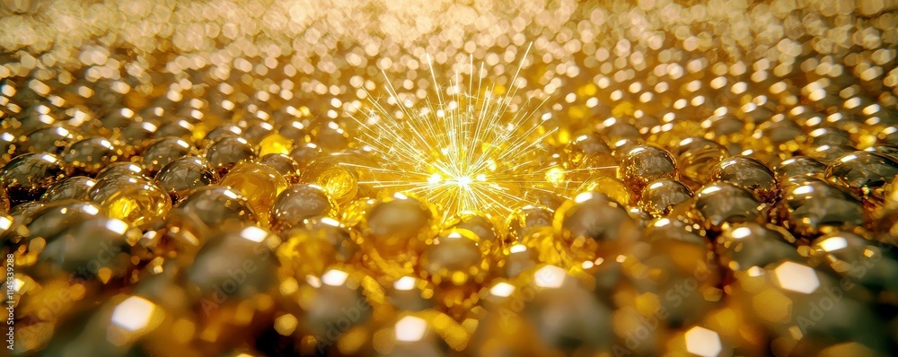 Poster Sparkling Gold Particles Creating Bright Light in a Field of Shiny Metallic Spheres Glowing Under Soft Light Reflection and Bokeh Effect