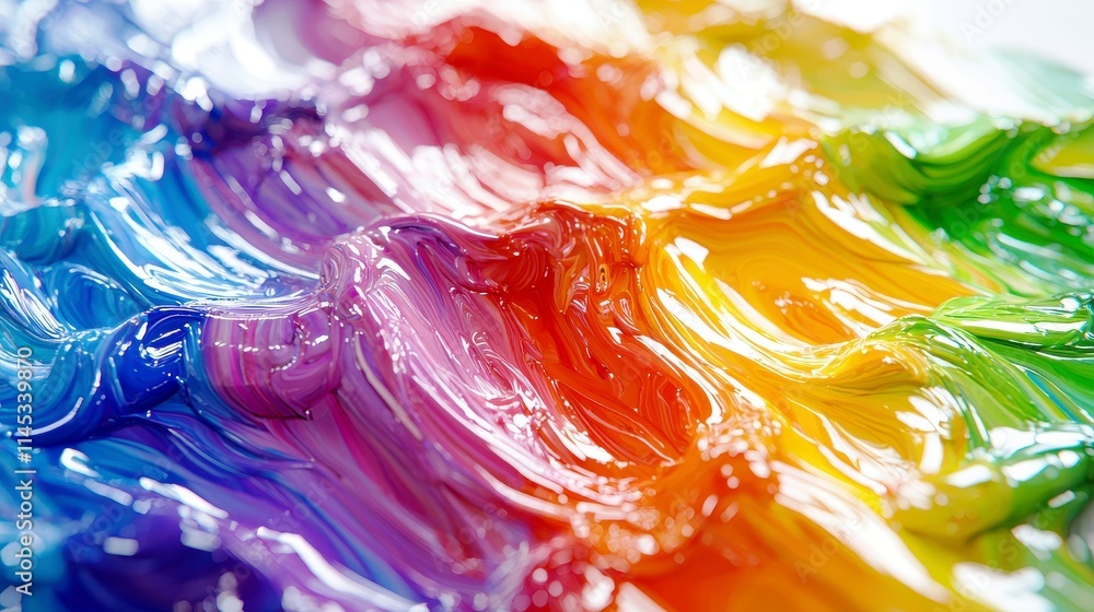 Poster vibrant liquid colors blending in a beautiful spectrum of paint waves on a white canvas surface capt