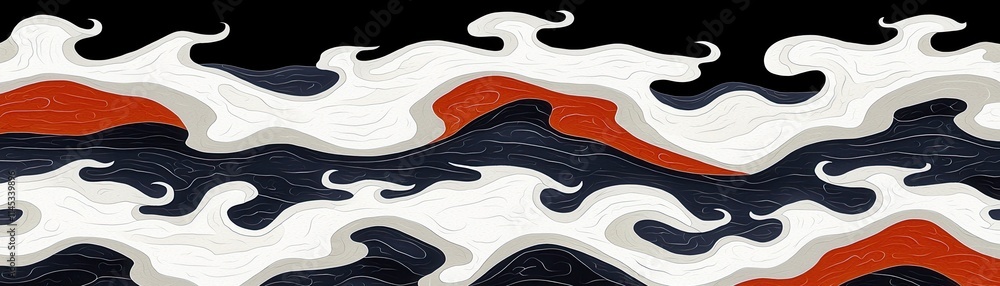 Poster abstract illustration of flowing waves in black white and red colors, artistic design with fluid sha