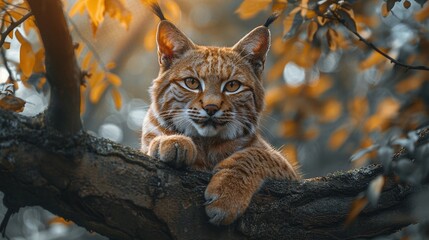 Majestic lynx perched on a tree branch, showcasing its striking fur and piercing gaze. Autumn leaves provide a warm backdrop.