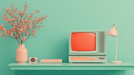 A pastel desk setup featuring a vintage computer, coral blossoms in a vase, and a matching lamp, set against a teal background, blending retro charm with modern aesthetics.