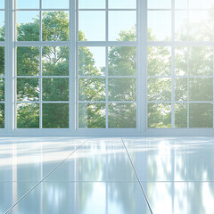 Bright room with large windows and a white ceramic tile floor, sunlight shining through the window onto the floor