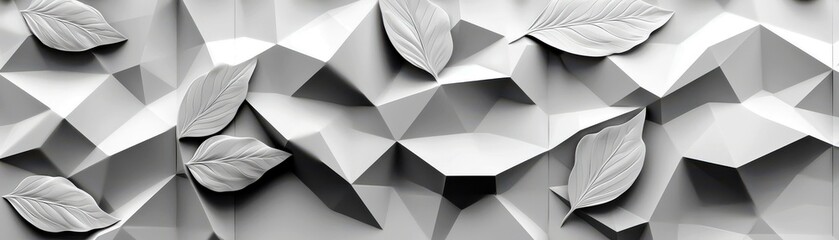 Fototapeta premium Abstract grey background with 3D paper leaves and geometric shapes for modern design, interior decoration, or nature-inspired artwork