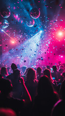 New Year's Eve dance party, colorful disco lights, DJ booth in action, energetic crowd, festive atmosphere