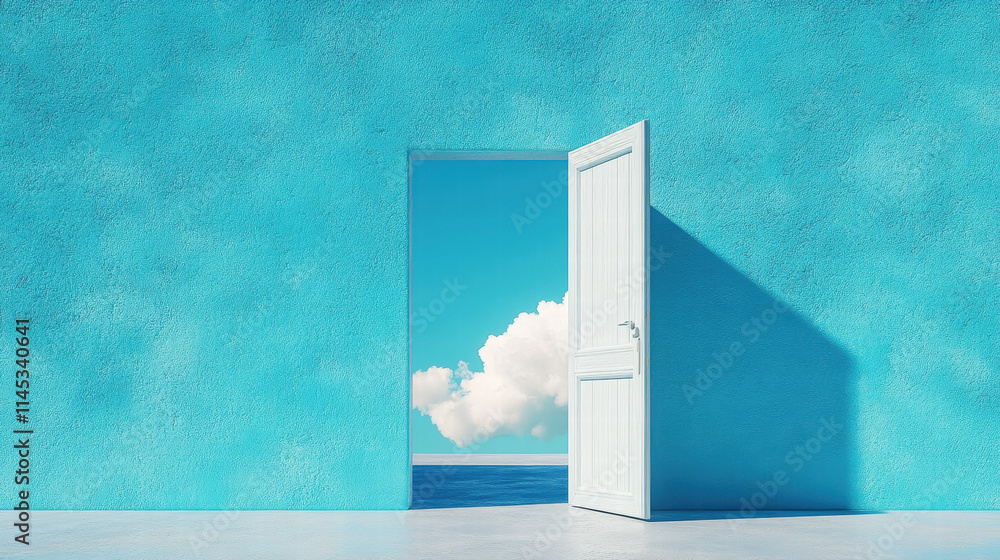 Poster an open door on the right side of an empty blue wall with clouds in the background