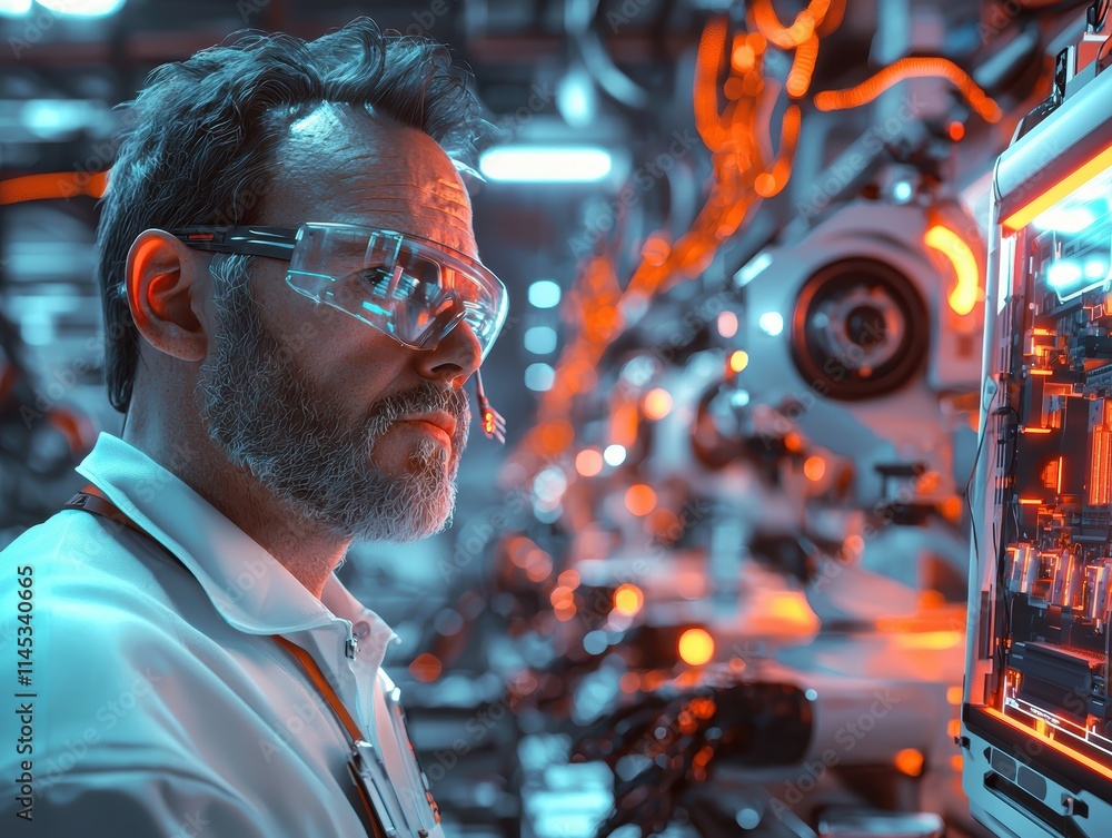 Poster engineering professional observing advanced technology in lab environment