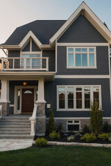Two-story dark gray house with beige trim, featuring a front porch, stone pillars, and multiple large windows.  Landscaped lawn and garden beds are visible in the foreground.