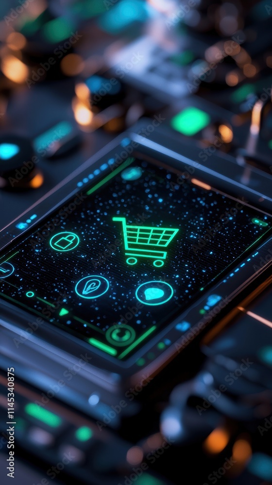 Poster digital transformation concepts for ecommerce businesses. digital shopping cart icon on a smartphone