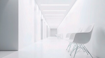 Obraz premium Clean White Hospital Corridor with Minimalist Chairs and Modern Design
