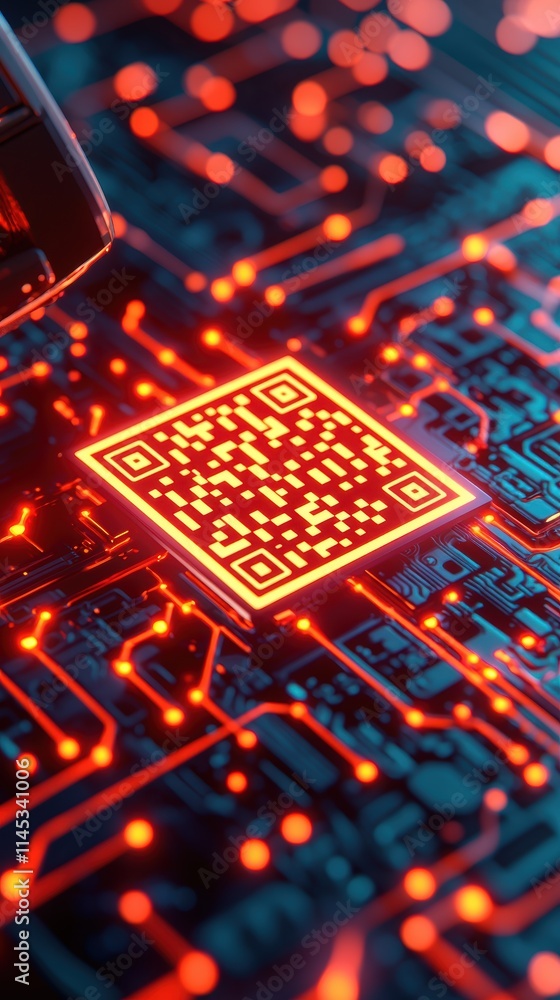 Poster digital transformation concepts for ecommerce businesses. a glowing qr code on a circuit board backg