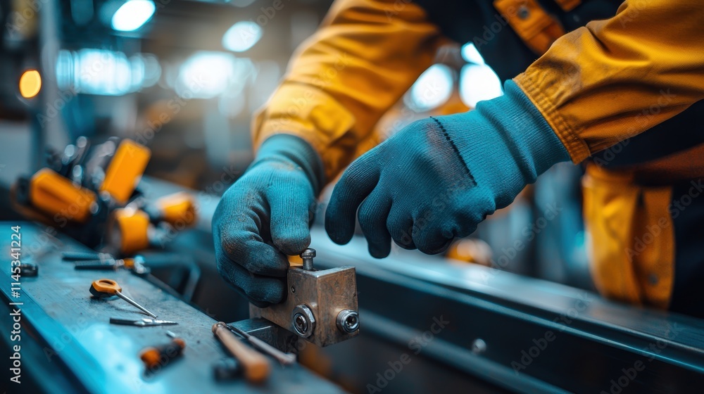 Poster escalator installer concepts. worker in gloves assembling machinery with tools in a workshop environ