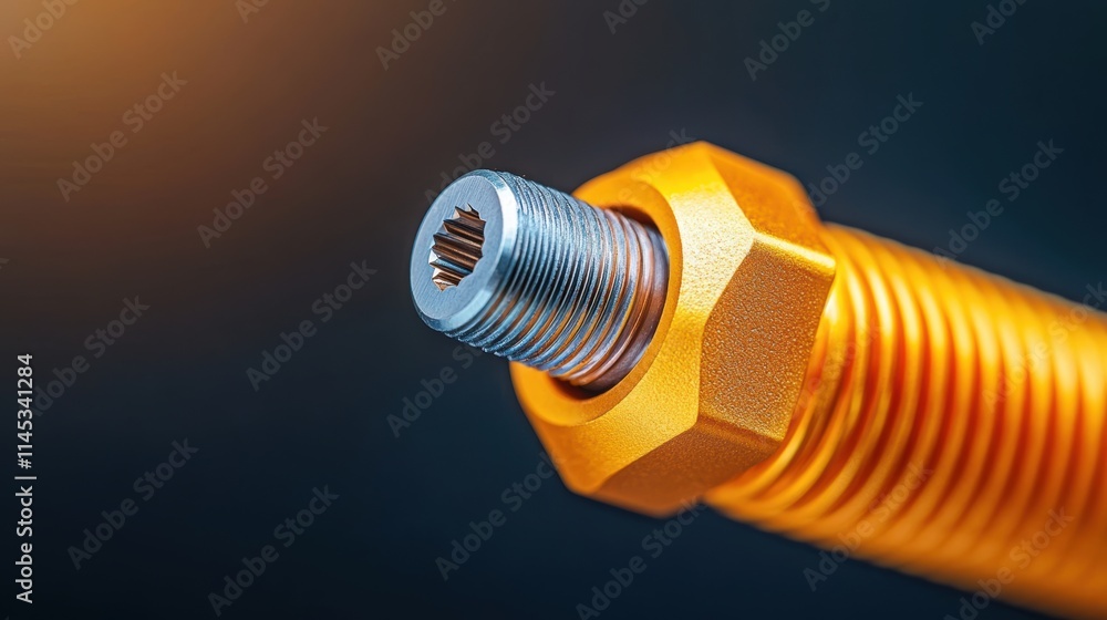 Poster escalator installer concepts. close-up of a metallic bolt with threading and a golden finish on a da