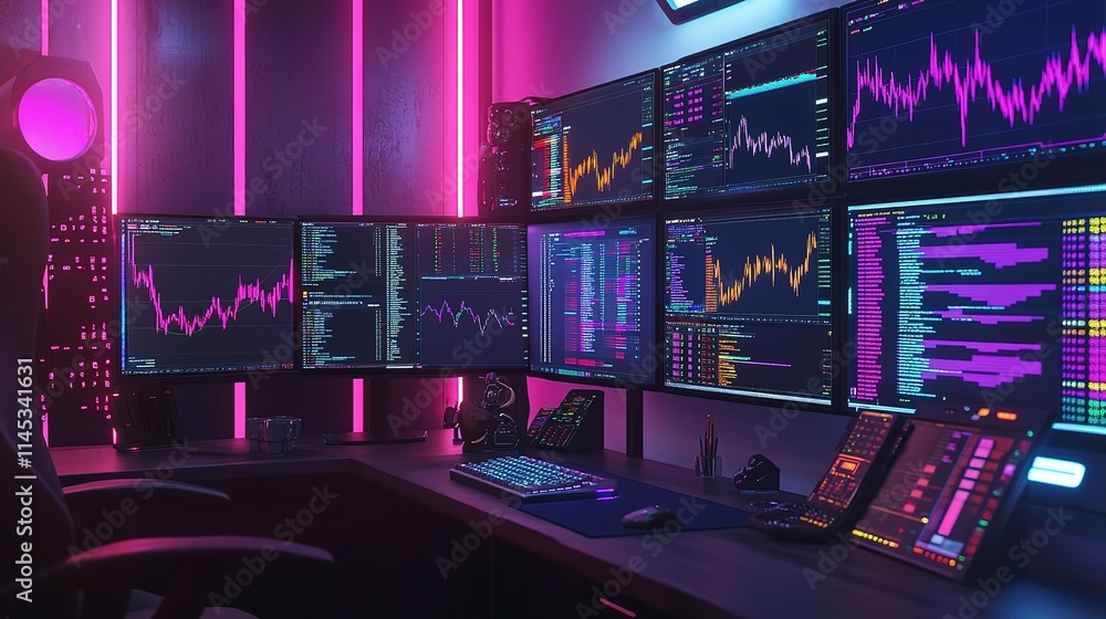 Poster modern workspace for traders with vibrant stock charts and data