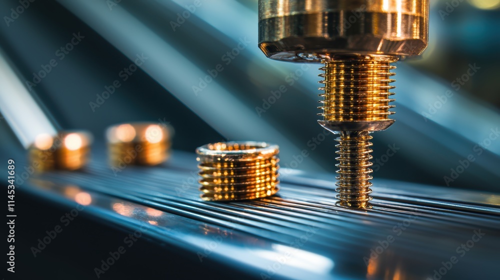 Poster escalator installer concepts. close-up of a precision machine processing metal coins on a production