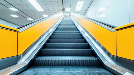 Obraz premium Escalator Installer Concepts. Escalator with bright yellow edges in a modern setting, leading upward.