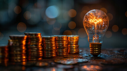 Stock photo capturing financial creativity with a glowing light bulb and prominent empty space for text